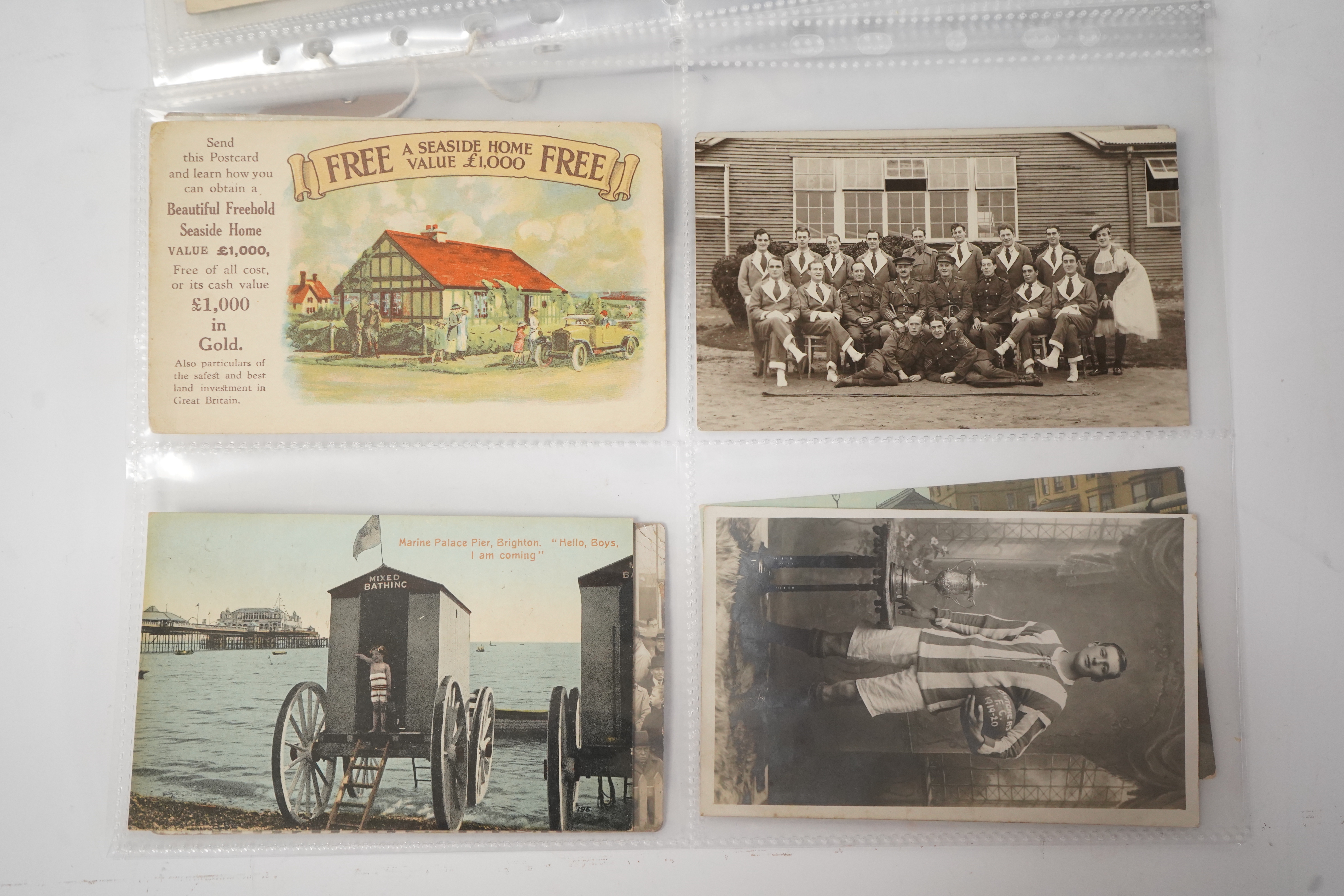 Brighton & Hove interest; a collection of one hundred and twelve assorted vintage postcards, mostly pre WW1, including novelty, shopfronts and Albion football matches